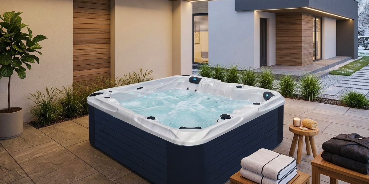 A large spa massage pool with bubbling water on a modern outdoor terrace next to the house during the winter season